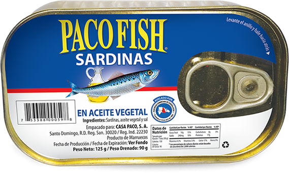 Sardinas PACO FISH en Aceite Vegetal A/F, 125 g